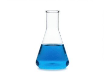 Laboratory Erlenmeyer Flask with Blue Liquid Isolated on White Background
