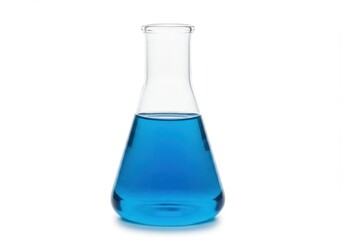 Laboratory Erlenmeyer Flask with Bright Blue Liquid Isolated on White Background