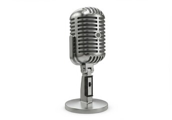 Fototapeta premium Vintage Silver Microphone on Stand Isolated on White Background
