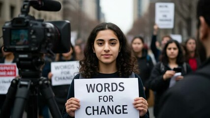 Young Middle-Eastern Female Activist Holding 'Words for Change' Sign at a Public Protest with Supporters Fighting for Social Justice