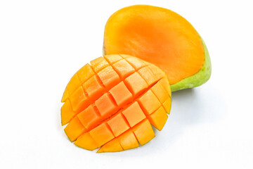 mango fruit cut in half isolated on white background