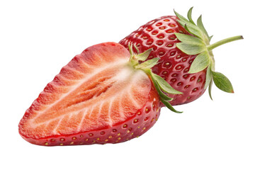 Fresh Red Strawberry Halved and Whole on White Background