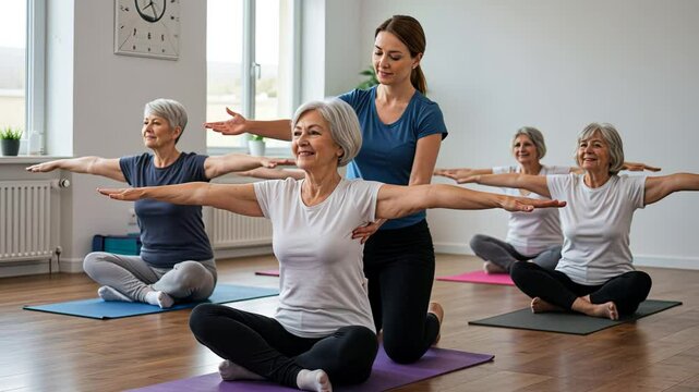 Group yoga class with instructor guiding elderly women in relaxing pose sequence