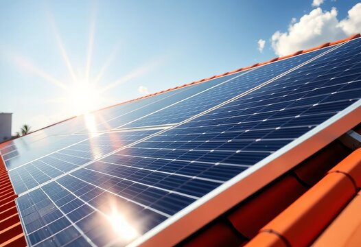 Sun-drenched solar panels close-up on a rooftop,   cleantech,  sunlight