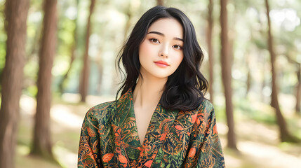 Fototapeta premium Young Woman In Floral Print Dress Outdoors