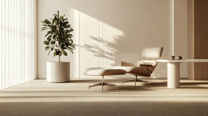 Modern minimalist room with  relaxing seating area.