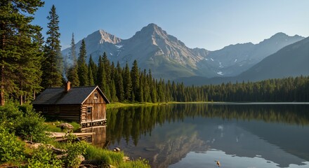 Fototapeta premium Tranquil Cabin by Still Waters: A Serene Landscape of Pine Trees and Majestic Mountains Reflected in a Clear Lake Under a Bright Sky