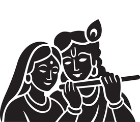 Illustration of radha krishna with flute in black and white