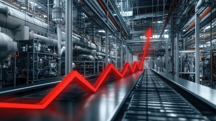 Upward red arrow graph in modern factory.