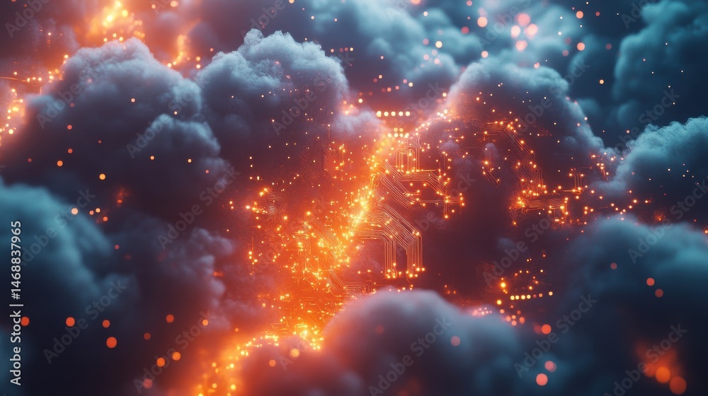Poster a digital cloud featuring circuitry patterns and glowing nodes that symbolize data flow and connecti