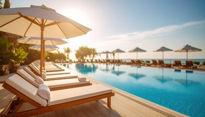 Fototapeta premium Beachfront hotel outdoor pool in the morning sunshine, rows of sun loungers and white parasols next to it.