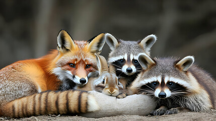 Obraz premium Fox and Raccoons Close Up