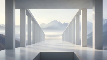 Obraz premium Empty modern colonnade leads to misty mountain range.