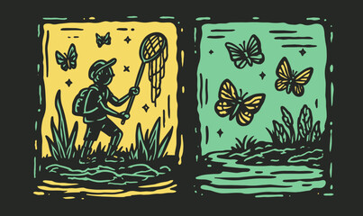 Hand-Drawn Doodle of Boy Catching Butterflies with Net