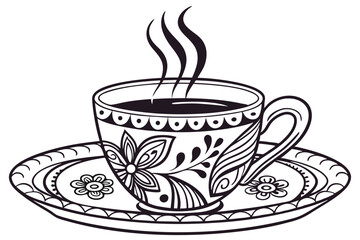 126 beautiful steaming cup of coffee, ornate patterned cup and saucer, intricate floral design elements, high detail, monochrome, digital illustration