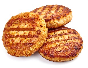 Three Golden Brown Grilled Patties on White Background