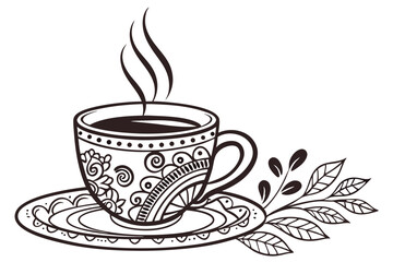 126 beautiful steaming cup of coffee, ornate patterned cup and saucer, intricate floral design elements, high detail, monochrome, digital illustration