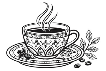 126 beautiful steaming cup of coffee, ornate patterned cup and saucer, intricate floral design elements, high detail, monochrome, digital illustration
