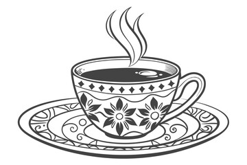 126 beautiful steaming cup of coffee, ornate patterned cup and saucer, intricate floral design elements, high detail, monochrome, digital illustration