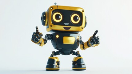 Small black and gold robot character stands cheerfully with an outstretched finger on a plain background
