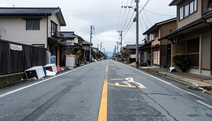 Obraz premium Empty Residential Street in Japan on an Overcast Day