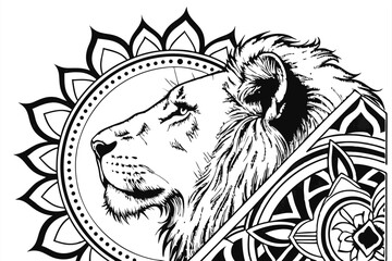 127 a highly detailed, intricate, ornate, mandala-style, black and white illustration of a majestic, regal lion head surrounded by an ornate, symmetrical, geometric pattern of floral and leaf-like ele