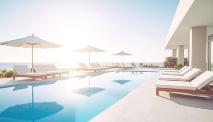 Fototapeta premium Beachfront hotel outdoor pool in the morning sunshine, rows of sun loungers and white parasols next to it.