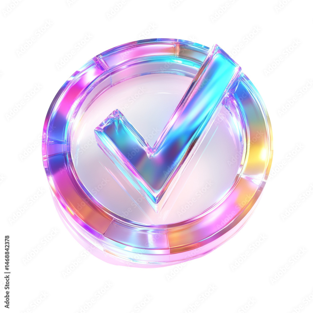 Poster Chromatic Checkmark: A Translucent Validation Symbol with Iridescent Sheen