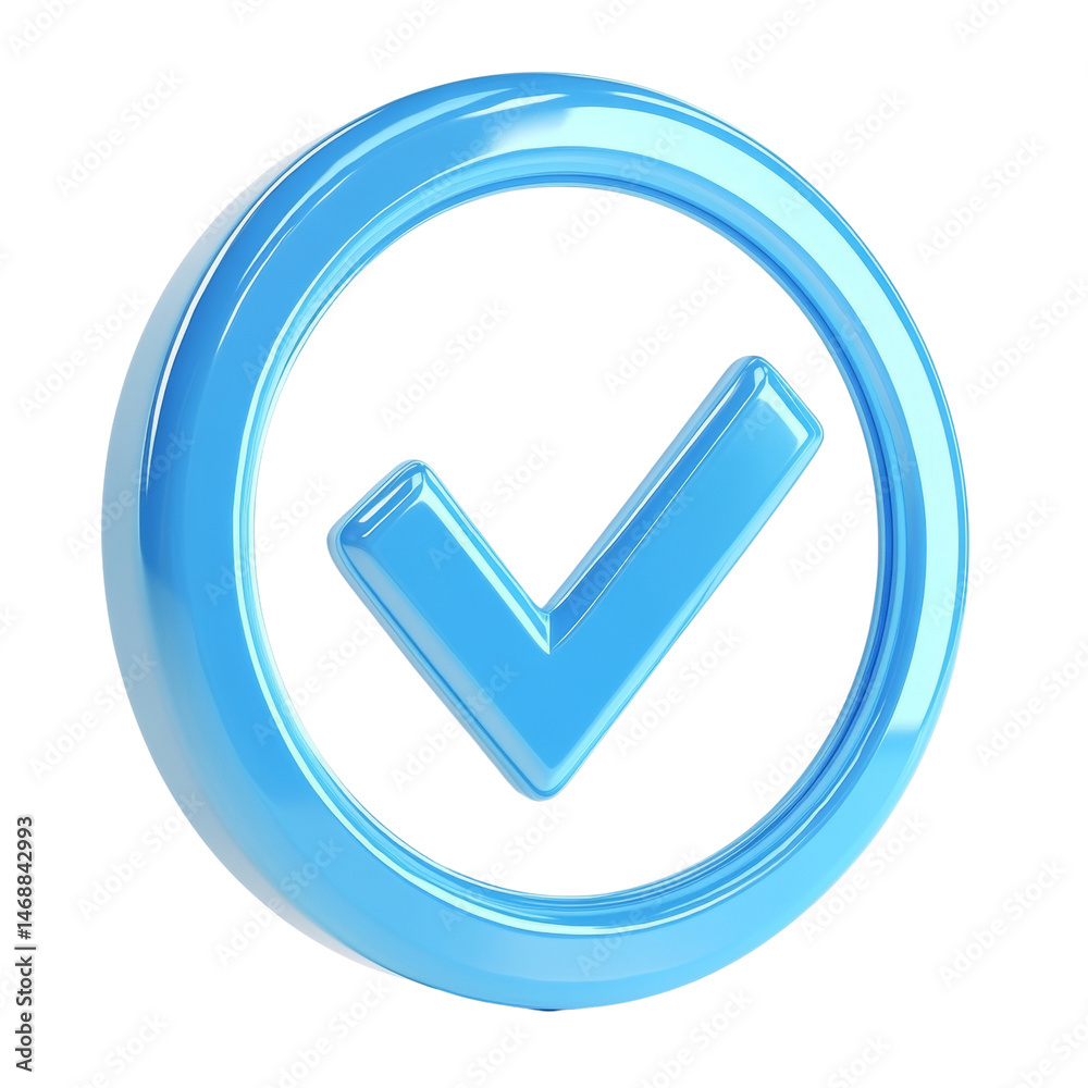 Poster Shiny blue check mark symbol in a circle, perfect for website or application