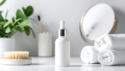 White Serum Bottle and Bathroom Amenities on Bright Counter