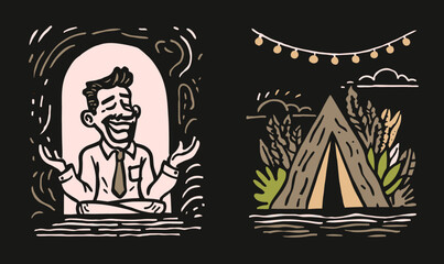 Creative Hand Doodle of a Happy Man with Tent and Nature Elements