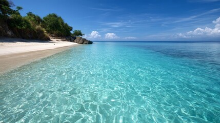 Fototapeta premium A sandy beach with clear blue water and white sand