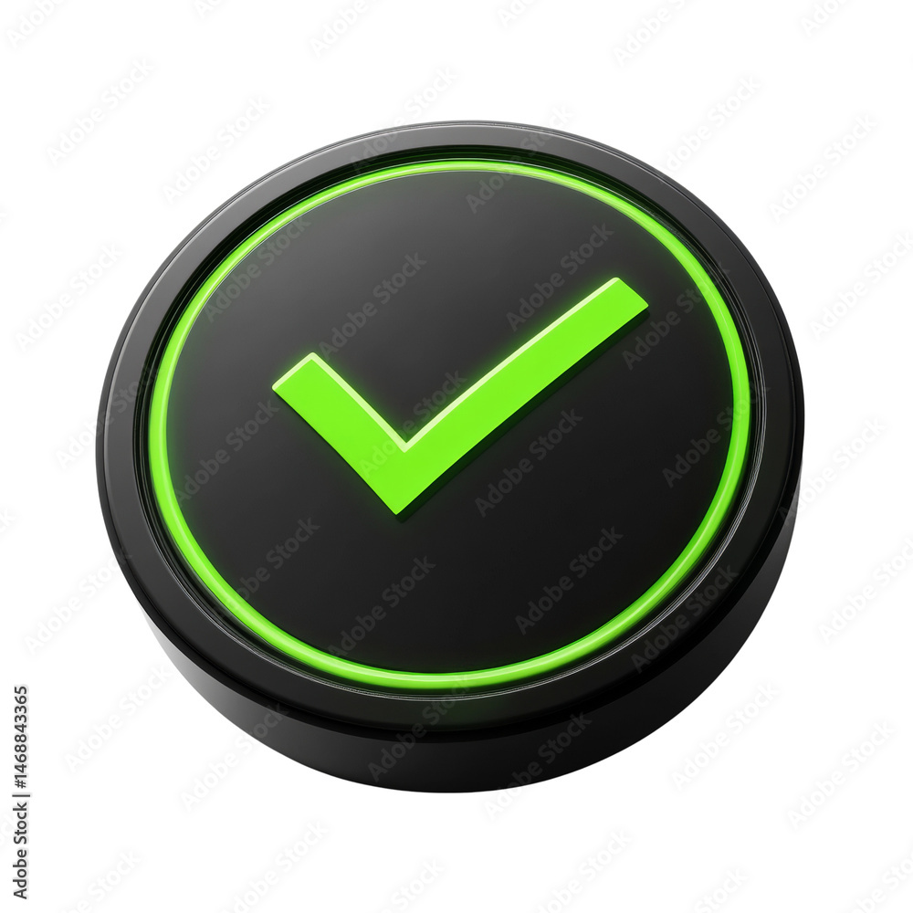 Poster A 3D rendering of a stylish black button with a vibrant green checkmark icon