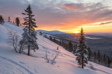 Fototapeta premium Snowy Hillside at Sunset Near Kirovsk Reveals Stunning Scenery Generative AI