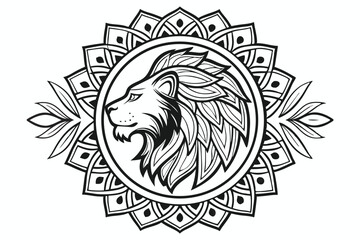 127 a highly detailed, intricate, ornate, mandala-style, black and white illustration of a majestic, regal lion head surrounded by an ornate, symmetrical, geometric pattern of floral and leaf-like ele