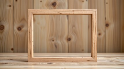 Empty wooden frame on a wooden table against a wooden wall perfect for displaying art or photographs