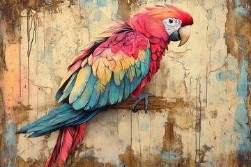 Obraz premium Colorful macaw perched on a textured background.