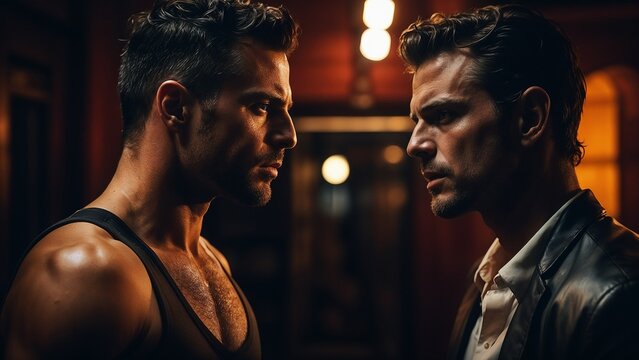 two attractive men - two hot men - two flirting men - two handsome men - two hunk guys - two hot guys - two sexy guys - men in tank tops - men at the gym - men in the locker room.