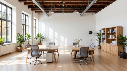 Fototapeta premium Modern Workspace with Natural Light, Stylish Furniture, and Green Plants in a Minimalist Office Interior