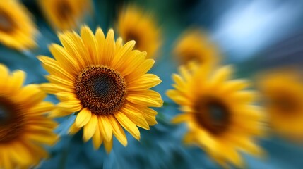 Obraz premium A bunch of yellow sunflowers with a blue sky in the background