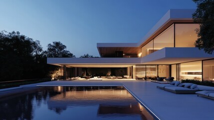 Fototapeta premium Luxury modern home exterior with pool illuminated at twilight serenity