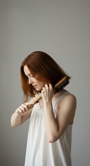 Fototapeta premium woman lady girl brushing her hair haircare selfcare grooming