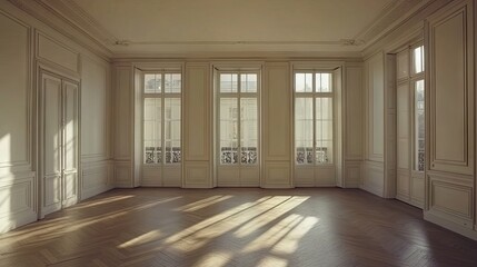 Obraz premium Elegant, sunlit interior room with large windows.