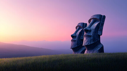 Pixelated Moai Statues At Sunrise Landscape