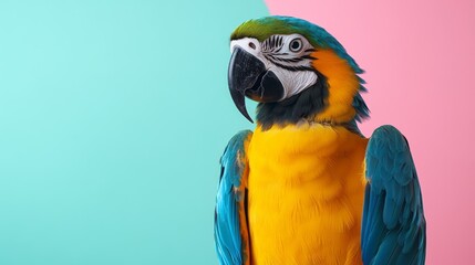 Fototapeta premium Vibrant parrot portrait against a backdrop of pastel colors.