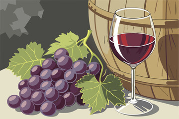 129 a detailed realistic digital painting of a glass of red wine and a bunch of dark purple grapes with green leaves, high quality, intricate details, vibrant colors, photorealistic, cinematic lightin