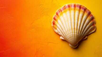 Obraz premium Close-up view of a scallop shell on a vibrant orange and yellow background.