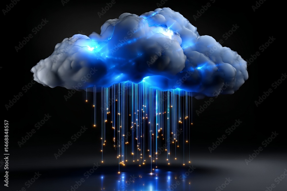 Poster glowing blue cloud with data rain symbolizing information flow in ai neural networks on dark backgro