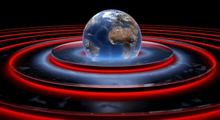 Earth with Glowing Rings on Futuristic Background