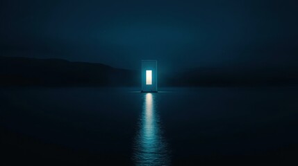 A glowing rectangular portal floats on a dark body of water